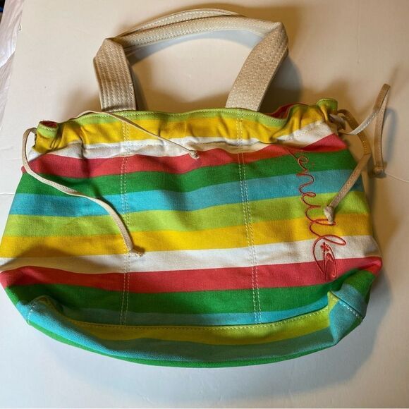 O’ Neill striped colorful rainbow Kelly green beach bag canvas tote - Picture 1 of 12